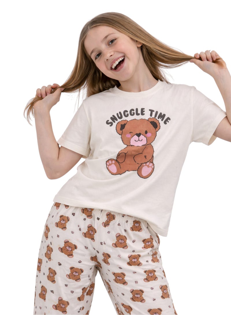 victor and jane Girls’ Pajama Set – “Snuggle Time” Teddy T-Shirt & Printed Jogger Pants - Image 4